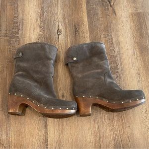 UGG Lynnea Clog Boots Gray Suede Leather Sherpa Lined